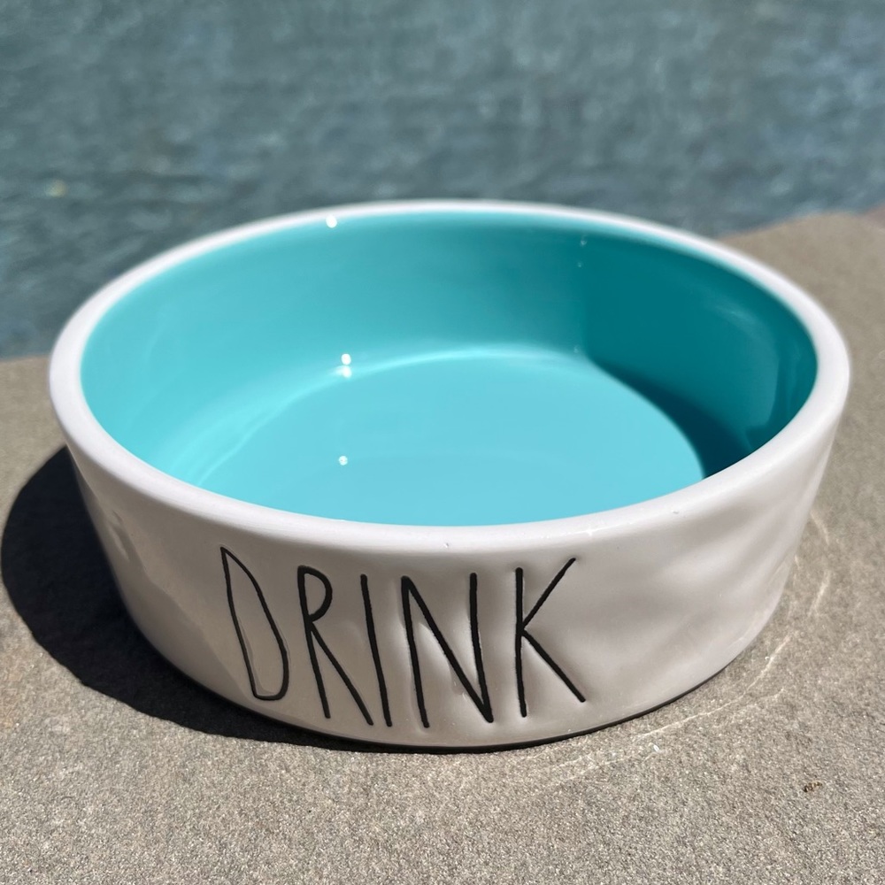 Rae Dunn Pet Bowl White & Turquoise DRINK Artisan Collection By Magenta Dimples